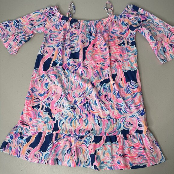 Lilly Pulitzer Girls Jaci Off The Shoulder Dress Sz L (8-10) Pink Blue Flamingo - Picture 1 of 7